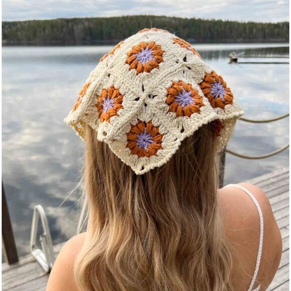 Handmade Upcycled Granny Square Hippie chic Bandana Vintage lace trim Purple - Picture 1 of 5